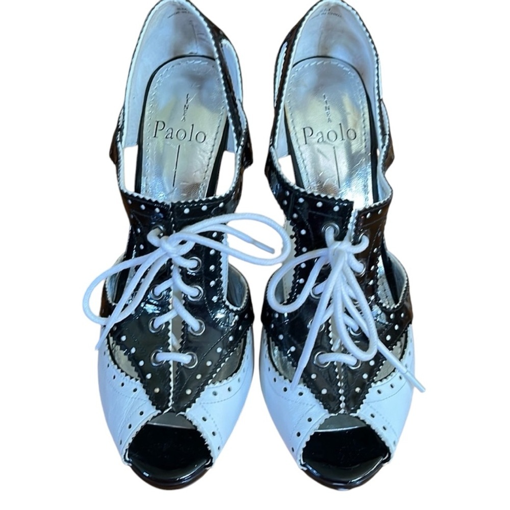 Linea Paolo Black & White Mary Jane Retro style lace up open toe heels Size 8M - Picture 2 of 16